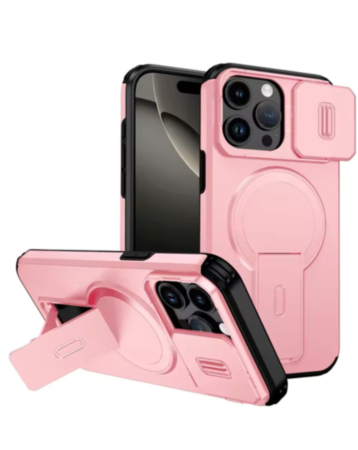 Magnetic Push Slide Lens Case with Kickstand (PINK) for iPhone 15 Pro Max (Only Ground Shipping)