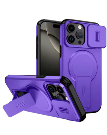 Magnetic Push Slide Lens Case with Kickstand- PURPLE for iPhone 15 Pro Max (Only Ground Shipping)