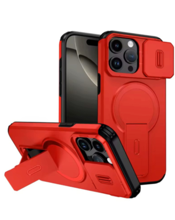 Magnetic Push Slide Lens Case with Kickstand (RED) for iPhone 15 Pro Max (Only Ground Shipping)