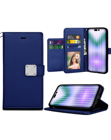Elegant Leather Wallet Case - BLUE for iPhone 15 Pro Max (Only Ground Shipping)