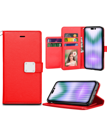 Elegant Leather Wallet Case - RED for iPhone 15 Pro Max (Only Ground Shipping)
