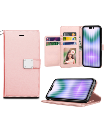 Elegant Leather Wallet Case - ROSE GOLD for iPhone 15 Pro Max (Only Ground Shipping)