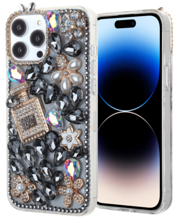 Crystal Flower Perfume Silicone Hard Case - BLACK for iPhone 15 Pro Max (Only Ground Shipping)