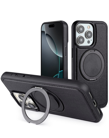 Slim Leather Case with Wireless Charging Kickstand - BLACK for iPhone 15 Pro (Only Ground Shipping)