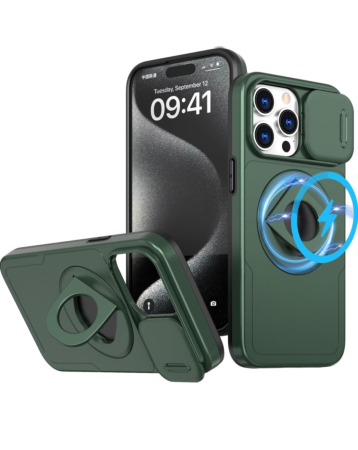 Ring Stand Case & Camera Lens Sliding Cover - DARK GREEN for iPhone 15 Pro (Only Ground Shipping)