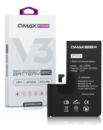 Buy the QMAX Prime V3 Replacement Battery for iPhone 15 Pro with no pop-up and 3274 mAh capacity.
