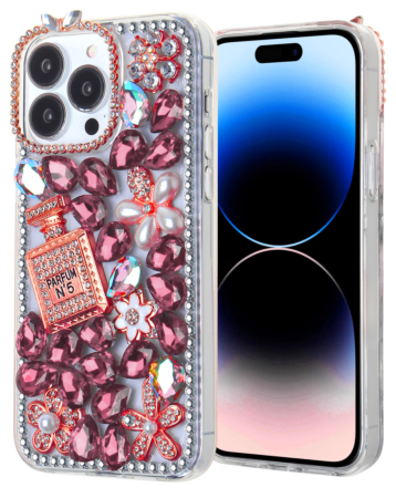 Crystal Flower Perfume Silicone Hard Case - ROSE GOLD for iPhone 15 Pro (Only Ground Shipping)
