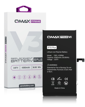 Shop the QMAX Prime V3 replacement battery for iPhone 15 Plus — no pop-up, 4383 mAh.