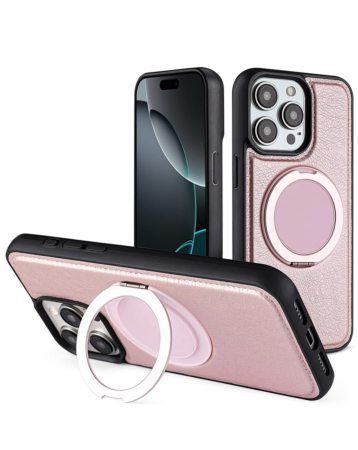 Slim Leather Case with Wireless Charging Kickstand - PINK for iPhone 15 Pro Max (Only Ground Shipping)