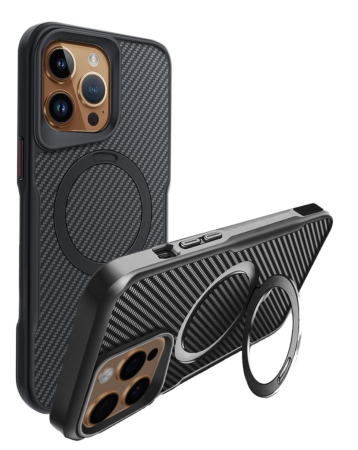 Carbon Fiber Magnetic Kickstand Case - BLACK for iPhone 15 Pro Max (Only Ground Shipping)