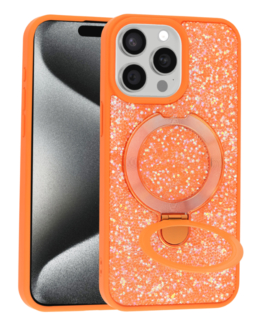 Sparkle Luxury Slim Case with Magnetic Kickstand for iPhone 15 Pro Max (ORANGE) (Only Ground Shipping)