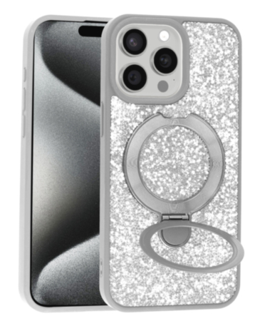 Sparkle Luxury Slim Case with Magnetic Kickstand for iPhone 15 Pro Max (SILVER) (Only Ground Shipping)