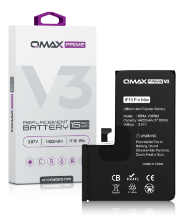 QMAX Prime V3 Replacement Battery for iPhone 15 Pro Max (No Pop-Up) (4422 mAh) (Only Ground Shipping)