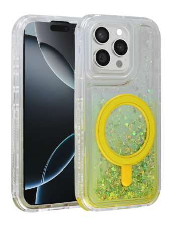 Wireless Charging Protective Glitter Liquid Bumper Case - YELLOW for iPhone 15 Pro Max (Only Ground Shipping)