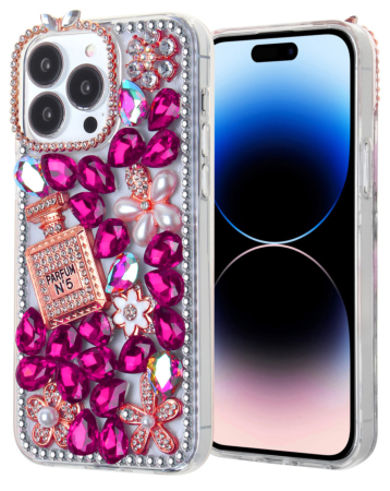 Crystal Flower Perfume Silicone Hard Case - PINK for iPhone 15 Pro Max (Only Ground Shipping)
