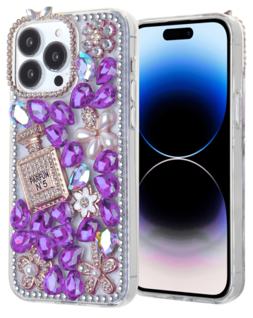 Shiny Rhinestone Case with Bear Design - PURPLE for iPhone 15 Pro Max (Only Ground Shipping)