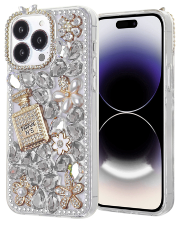 Crystal Flower Perfume Silicone Hard Case - SILVER for iPhone 15 Pro Max (Only Ground Shipping)
