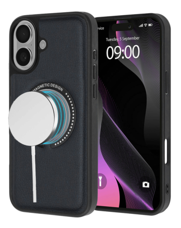 Leather Design Wireless Charging Case - BLACK for iPhone 16 (Only Ground Shipping)