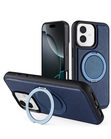 Slim Leather Case with Wireless Charging Kickstand - BLUE for iPhone 16 (Only Ground Shipping)