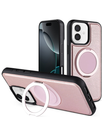 Slim Leather Case with Wireless Charging Kickstand - PINK for iPhone 16 (Only Ground Shipping)