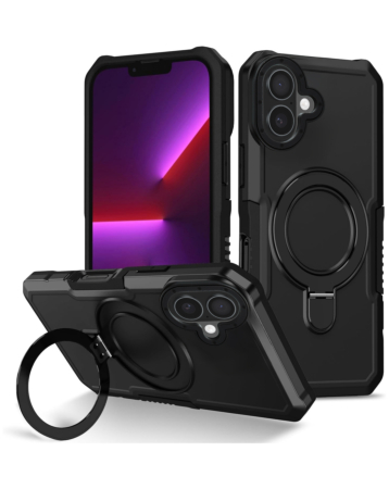Hard PC Shockproof Case w /Ring Holder - BLACK for iPhone 16 (Only Ground Shipping)