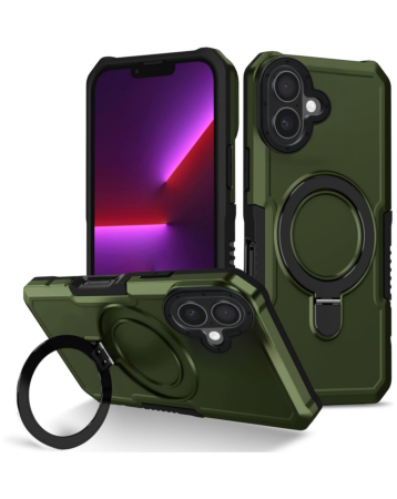 Hard PC Shockproof Case w /Ring Holder - GREEN for iPhone 16 (Only Ground Shipping)