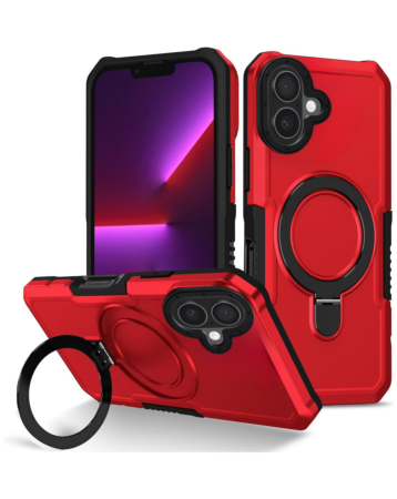 Hard PC Shockproof Case w /Ring Holder - RED for iPhone 16 (Only Ground Shipping)