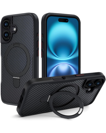 Carbon Fiber Magnetic Kickstand Case - BLACK for iPhone 16 (Only Ground Shipping)