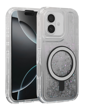 Wireless Charging Protective Glitter Liquid Bumper Case - BLACK for iPhone 16 (Only Ground Shipping)