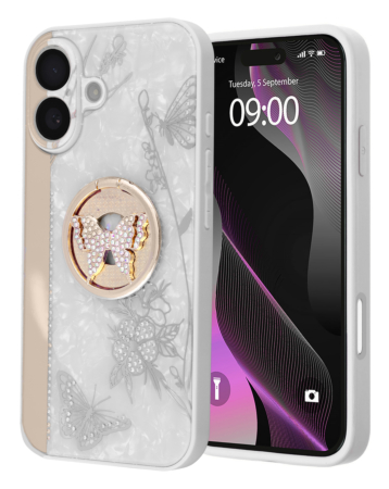 Luxury Diamond Shiny Cases with Butterfly Ring - WHITE for iPhone 16 Plus (Only Ground Shipping)