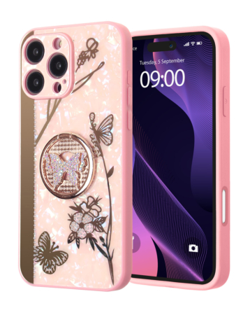 Luxury Diamond Shiny Cases with Butterfly Ring - PINK for iPhone 16 Pro (Only Ground Shipping)