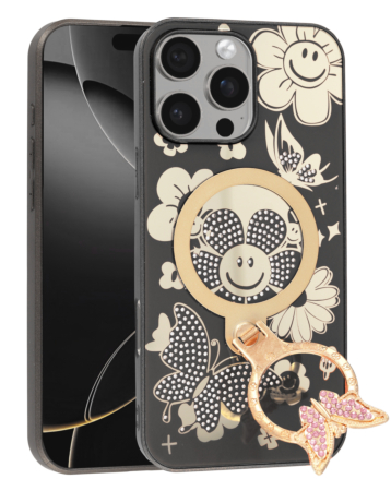Luxury Diamond Shiny Cases with Butterfly Ring Design - BLACK for iPhone 16 Pro Max (Only Ground Shipping)