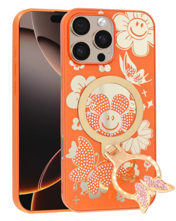 Luxury Diamond Shiny Cases with Butterfly Ring Design - ORANGE for iPhone 16 Pro Max (Only Ground Shipping)