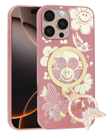 Luxury Diamond Shiny Cases with Butterfly Ring Design - ROSE GOLD for iPhone 16 Pro Max (Only Ground Shipping)
