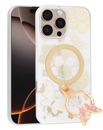 Luxury Diamond Shiny Cases with Butterfly Ring Design - WHITE for iPhone 16 Pro Max (Only Ground Shipping)