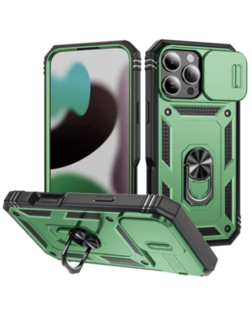 Dual Layers Hybrid Case (GREEN) for iPhone 16 Pro Max with Metal Ring and Camera Protector (Only Ground Shipping)