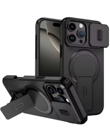 Magnetic Push Slide Lens Case with Kickstand- BLACK for iPhone 16 Pro Max (Only Ground Shipping)