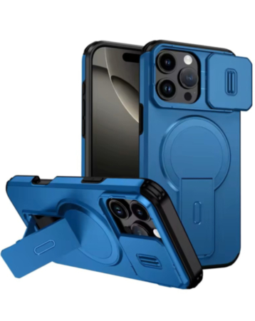 Magnetic Push Slide Lens Case with Kickstand (BLUE) for iPhone 16 Pro Max (Only Ground Shipping)