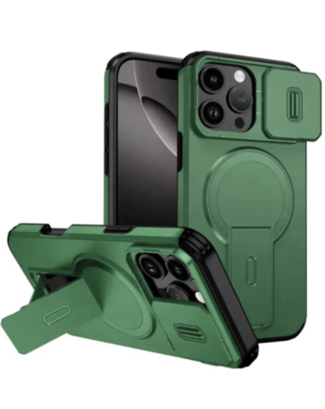 Magnetic Push Slide Lens Case with Kickstand (GREEN) for iPhone 16 Pro Max (Only Ground Shipping)