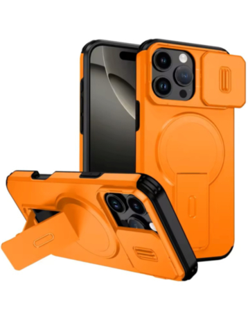 Magnetic Push Slide Lens Case with Kickstand (ORANGE) for iPhone 16 Pro Max (Only Ground Shipping)