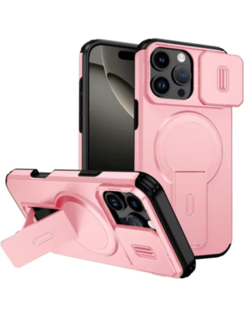 Magnetic Push Slide Lens Case with Kickstand (PINK) for iPhone 16 Pro Max (Only Ground Shipping)