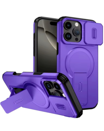 Magnetic Push Slide Lens Case with Kickstand- PURPLE for iPhone 16 Pro Max (Only Ground Shipping)