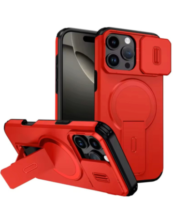 Magnetic Push Slide Lens Case with Kickstand (RED) for iPhone 16 Pro Max (Only Ground Shipping)