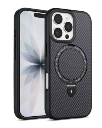 Magnetic Kickstand Case with Carbon Fiber (BLACK) for iPhone 16 Pro Max (Only Ground Shipping)