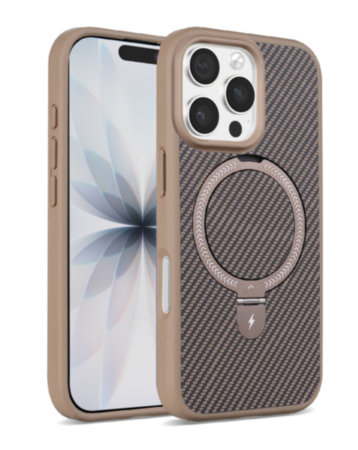 Magnetic Kickstand Case with Carbon Fiber (BROWN) for iPhone 16 Pro Max (Only Ground Shipping)