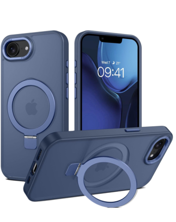Carbon Wireless Charging Case with Ring Stand for iPhone 16e / 17e (DARK BLUE) (Only Ground Shipping)