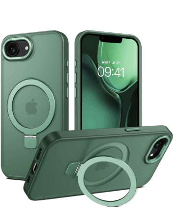 Carbon Wireless Charging Case with Ring Stand for iPhone 16e / 17e (GREEN) (Only Ground Shipping)