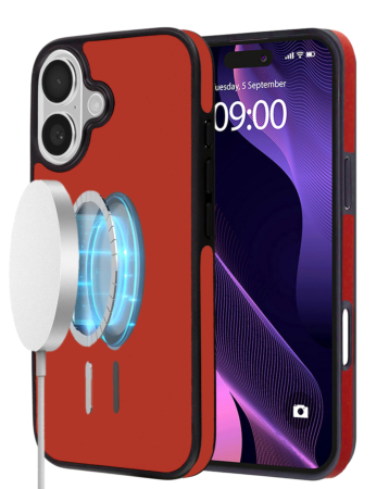 Full Cover Leather Design Wireless Charging Case - RED for iPhone 16 (Only Ground Shipping)