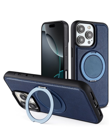 Slim Leather Case with Wireless Charging Kickstand - BLUE for iPhone 16 Pro (Only Ground Shipping)