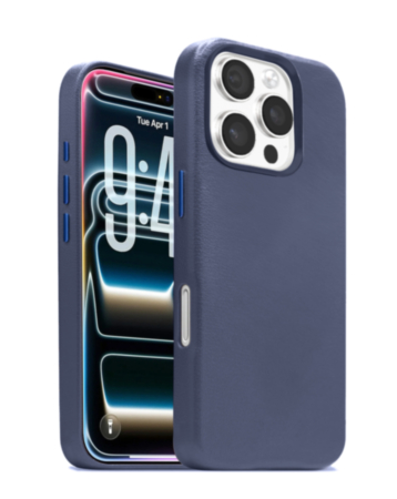 New Leather Case with Wireless Charger with IC Chip (NAVY BLUE) for iPhone 16 Pro Max (Only Ground Shipping)